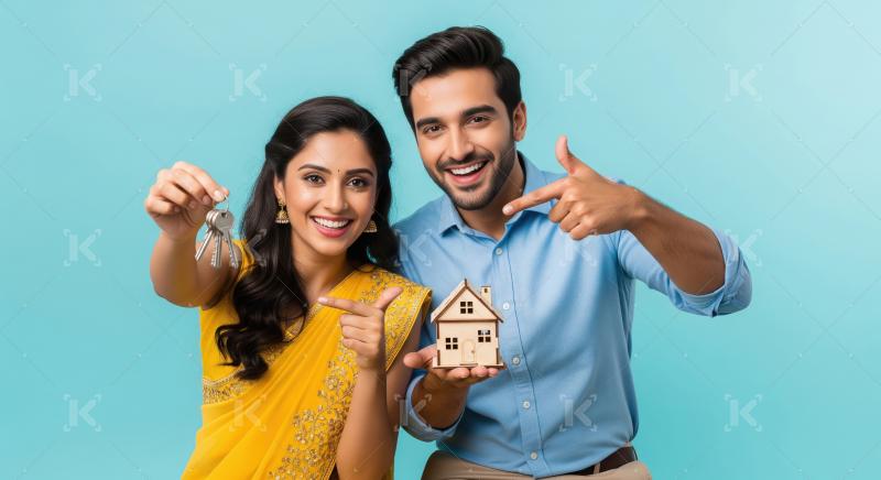 Young indian couple holding new house key together