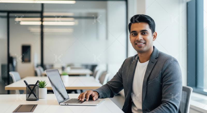 Young indian man working on laptop at office