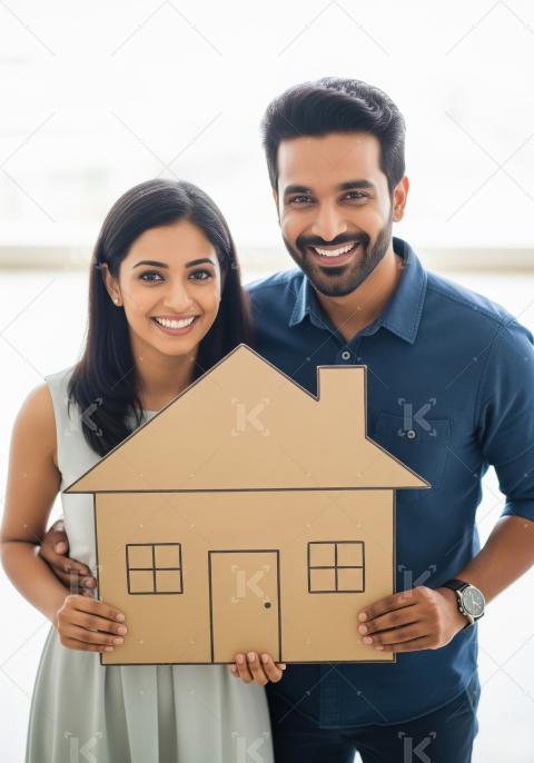 Young indian couple holding house model standing together on whi