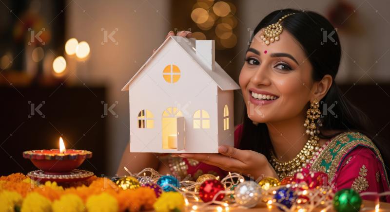 Young beautiful indian woman holding house model and money