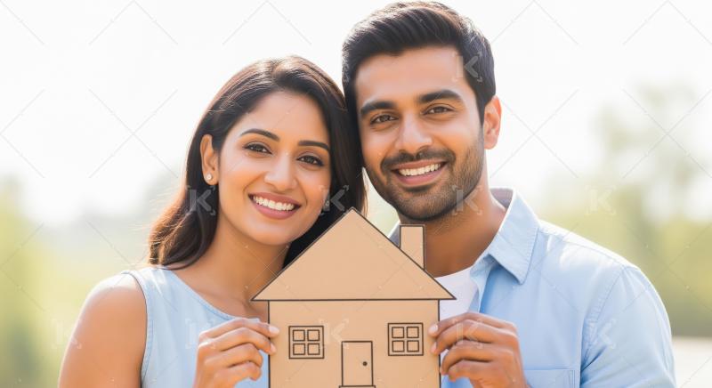 Young indian couple holding house model standing together on whi