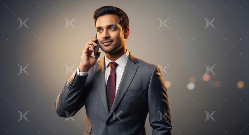 Young indian financial professional man talking on smartphone