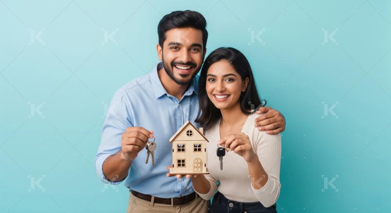 Young indian couple holding new house key together
