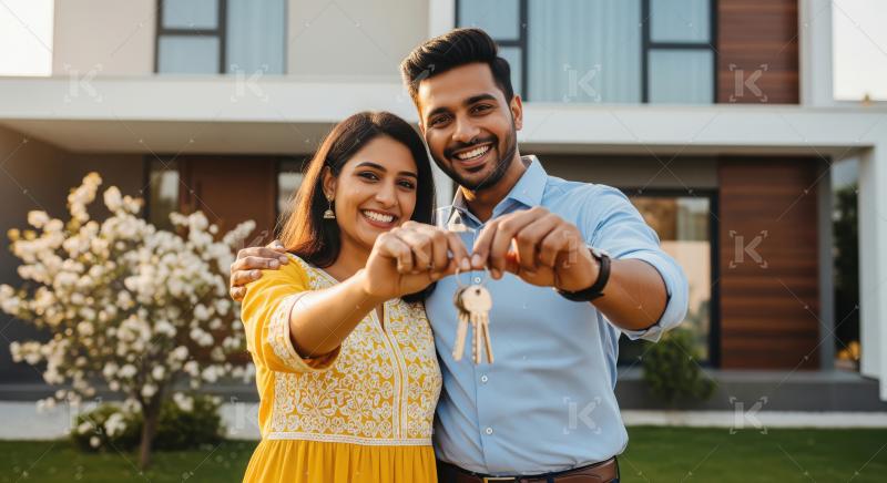 Young indian couple holding new house key together