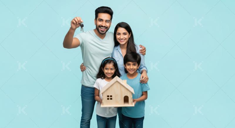 Happy indian family holding new house key standing together