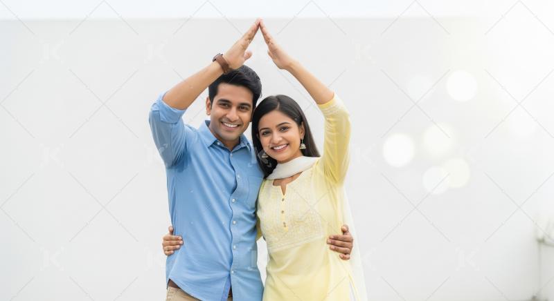 Young indian couple standing together and showing home gesture w