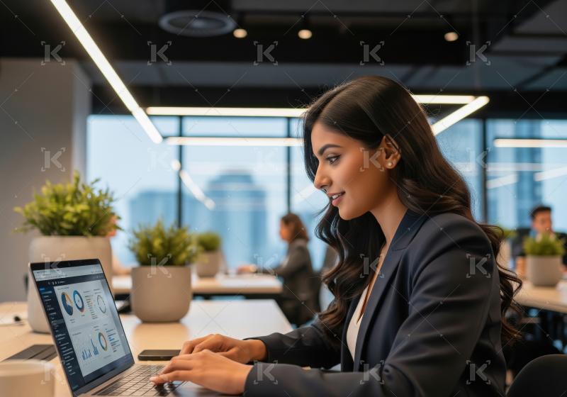 Young indian finance professional woman working on laptop