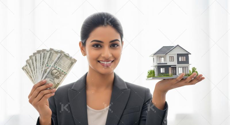 Young beautiful indian woman holding house model and money