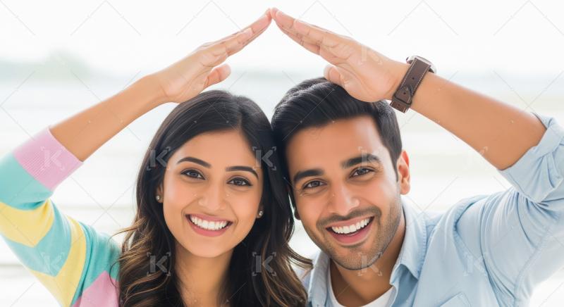 Young indian couple standing together and showing home gesture w