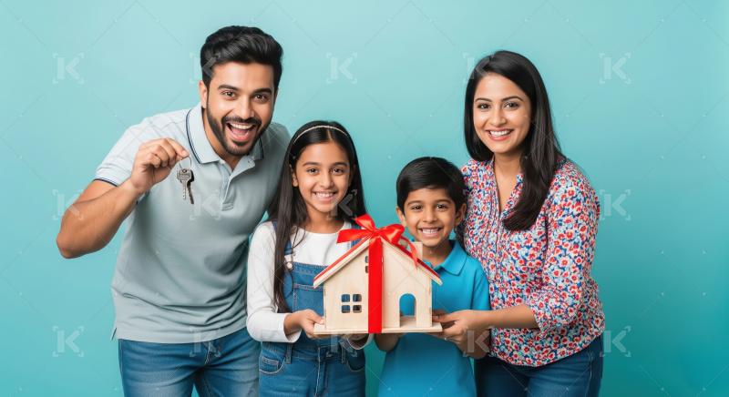 Happy indian family holding new house key standing together