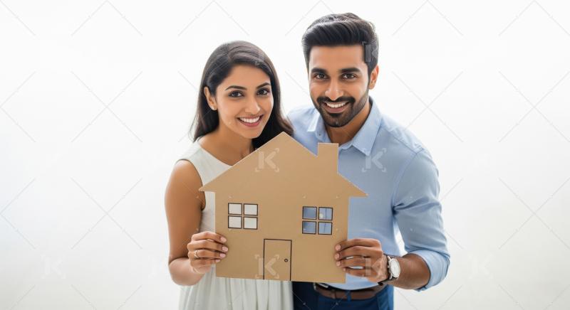 Young indian couple holding house model standing together on whi
