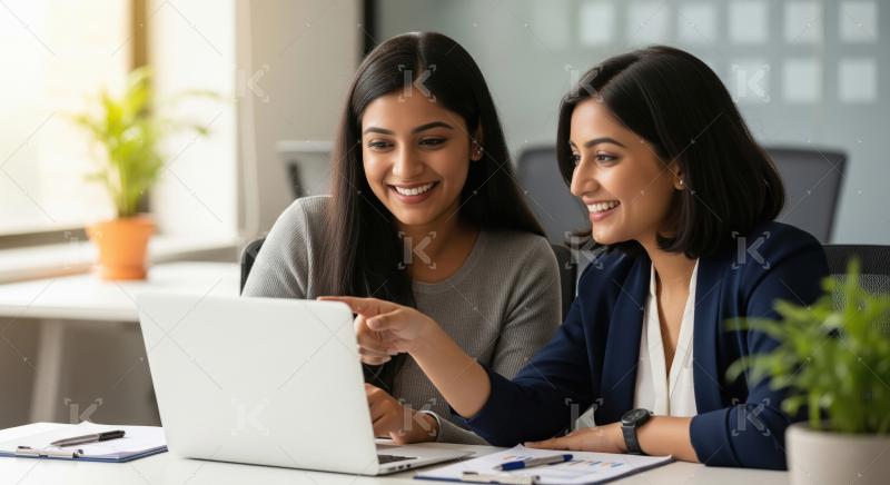 Young indian finance professional woman working on laptop