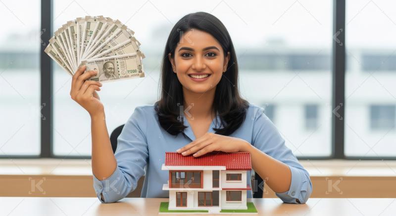 Young beautiful indian woman holding house model and money