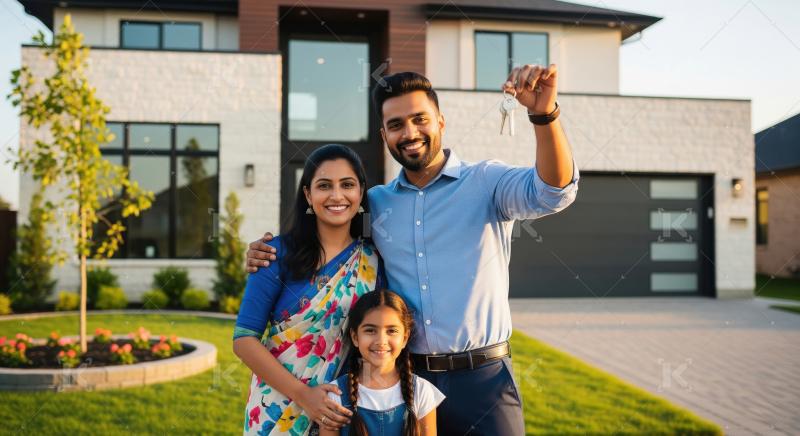Happy indian family holding new house key standing together