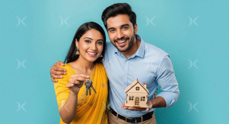 Young indian couple holding new house key together