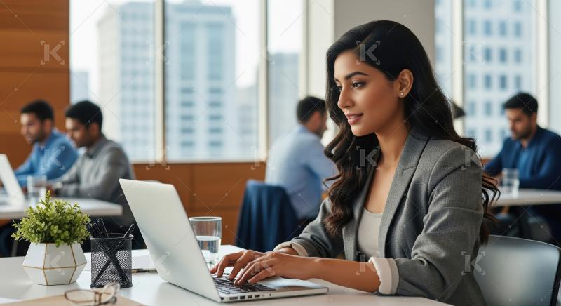 Young indian finance professional woman working on laptop
