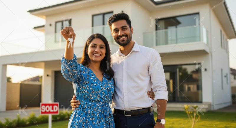 Young indian couple holding new house key together