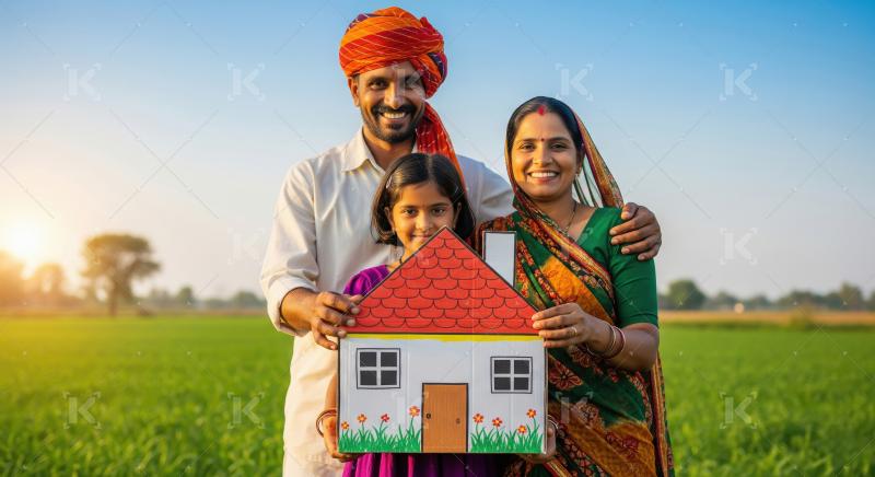 Happy indian family dream house model standing together