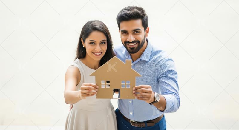 Young indian couple holding house model standing together on whi