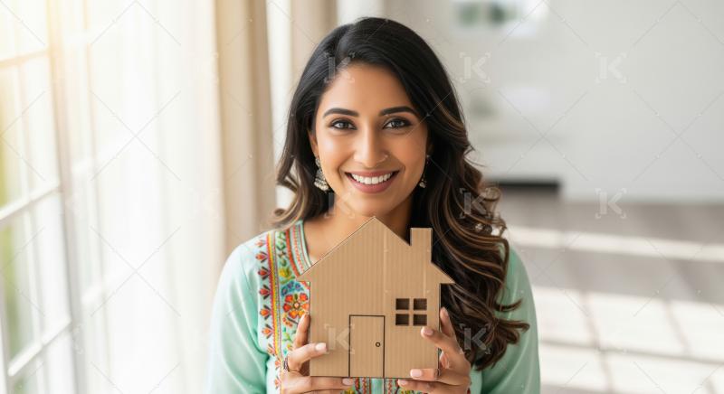 Young beautiful indian woman holding house model and money