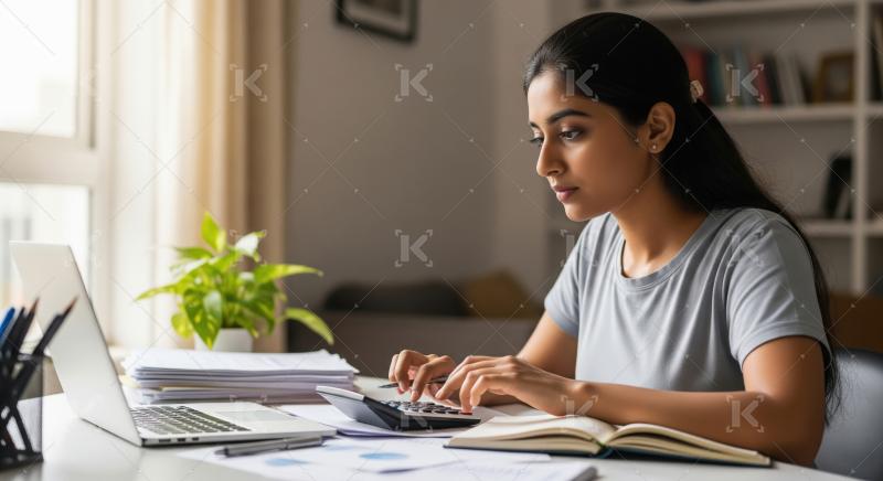 Young indian finance professional woman working on laptop