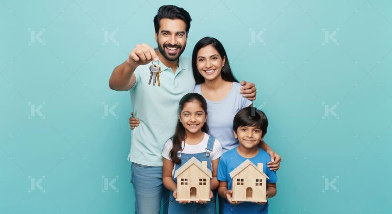 Happy indian family holding new house key standing together