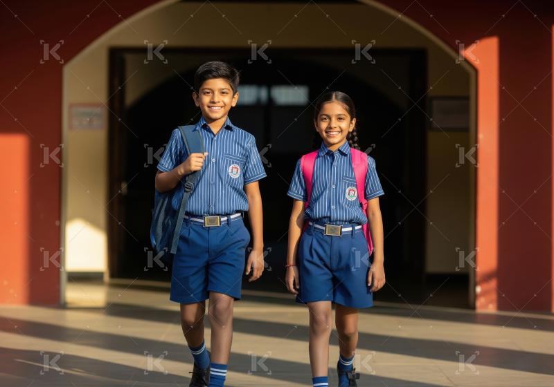 Happy indian school children going to school