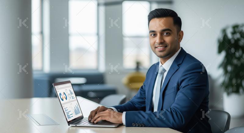 Young indian man working on laptop at office
