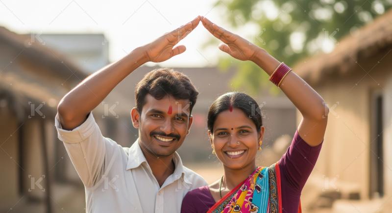 Young indian couple standing together and showing home gesture w