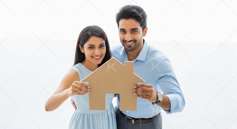 Young indian couple holding house model standing together on whi