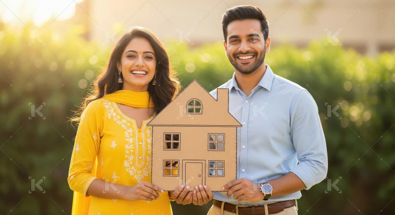 Young indian couple holding house model standing together on whi