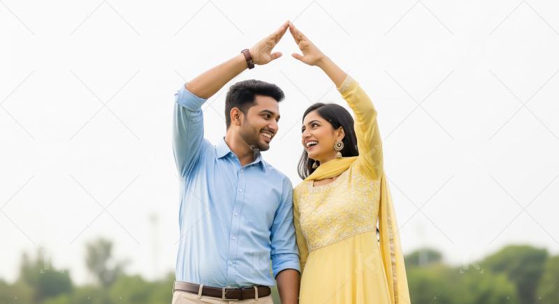 Young indian couple standing together and showing home gesture w