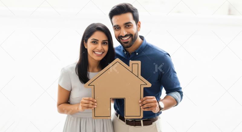 Young indian couple holding house model standing together on whi