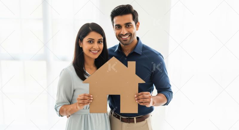 Young indian couple holding house model standing together on iso