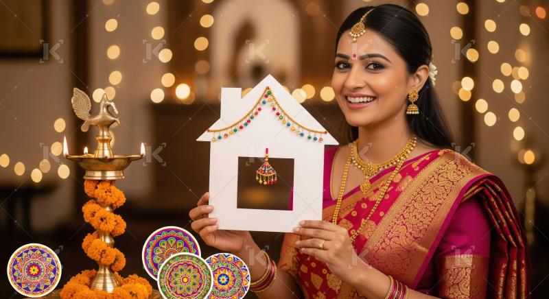 Young beautiful indian woman holding house model and money