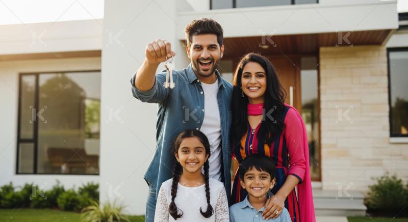 Happy indian family holding new house key standing together