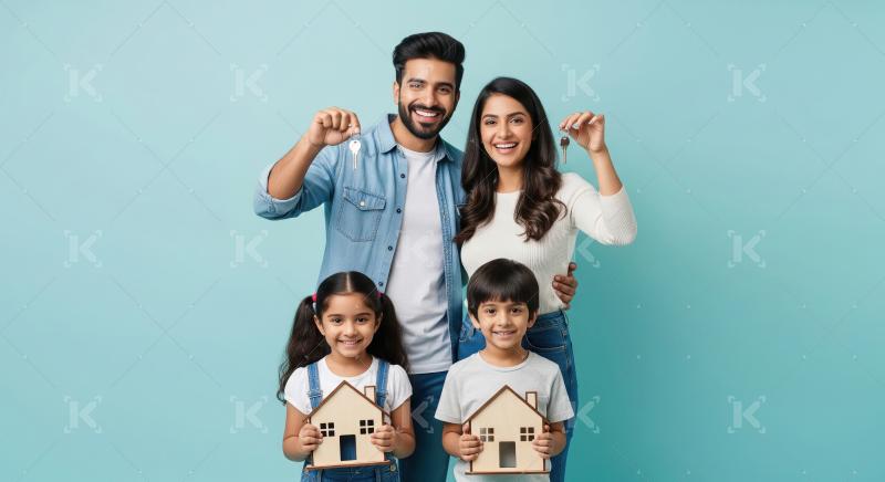 Happy indian family holding new house key standing together