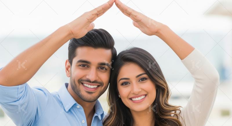 Young indian couple standing together and showing home gesture w