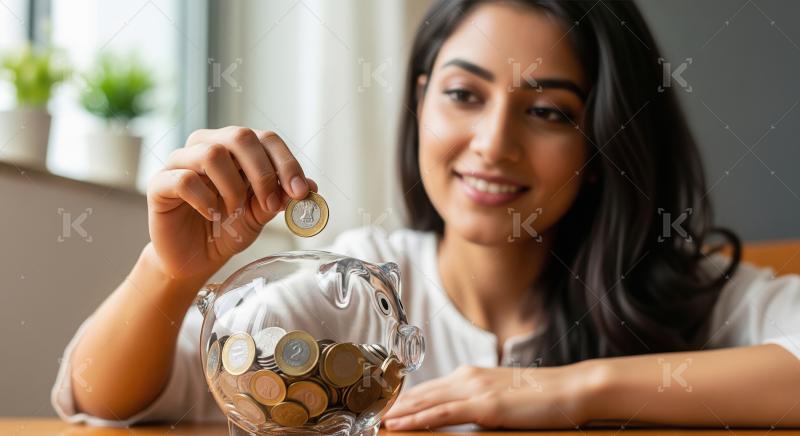 Young woman placing cash into a transparent piggy bank
