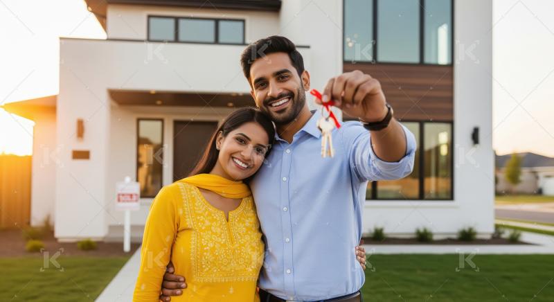 Young indian couple holding new house key together