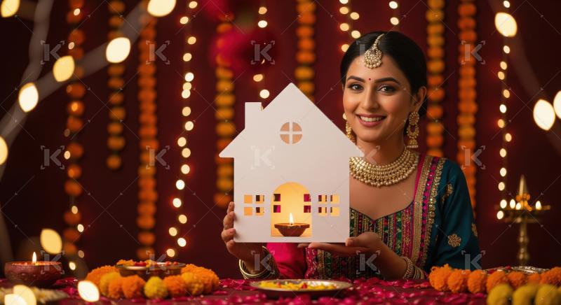 Young beautiful indian woman holding house model and money
