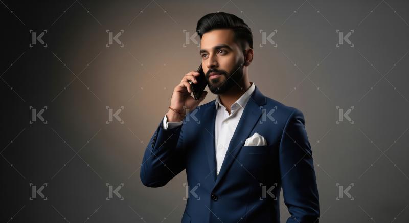 Young indian financial professional man talking on smartphone