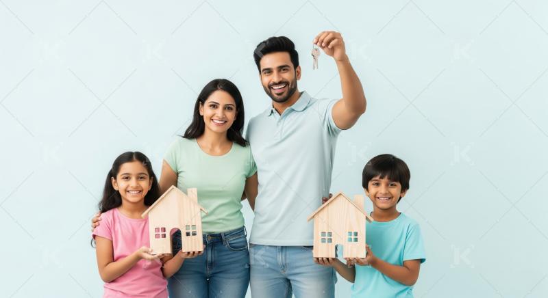 Happy indian family holding new house key standing together