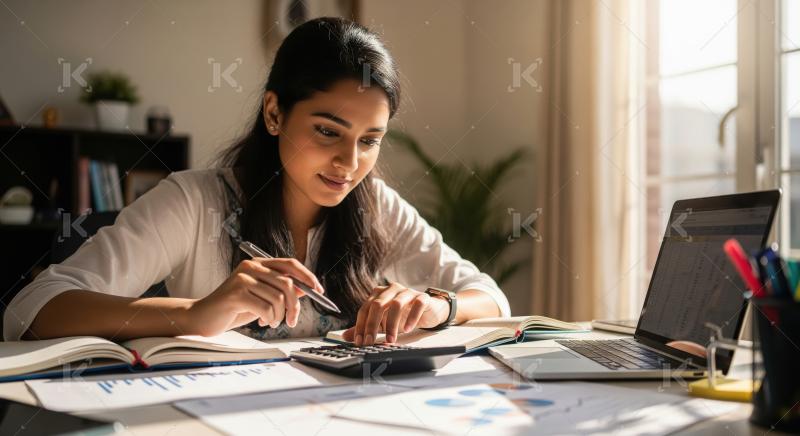 Young indian woman studying on financial documents