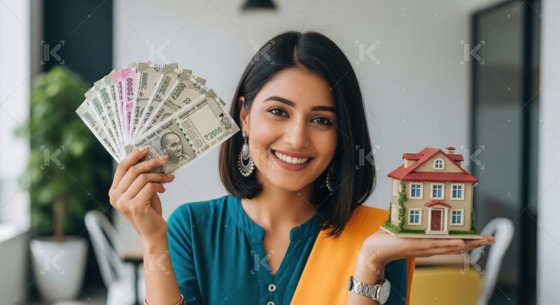 Young beautiful indian woman holding house model and money