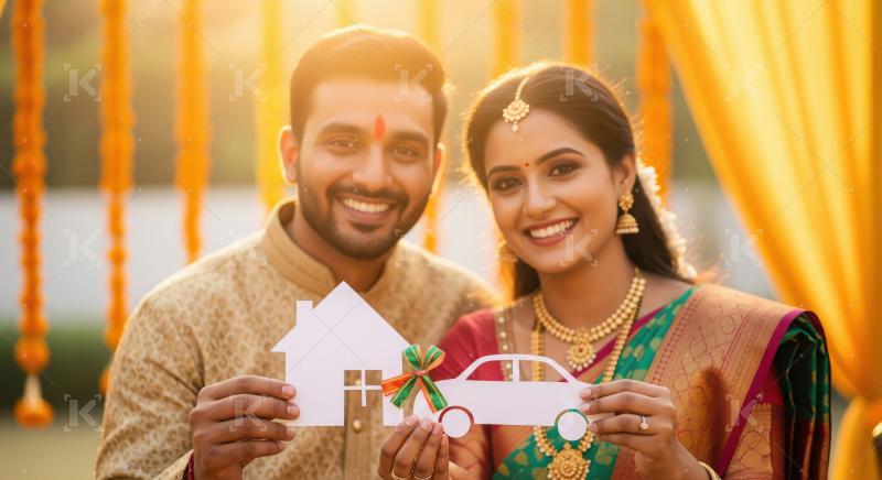 Happy indian family dream house model standing together