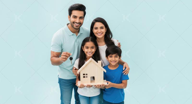 Happy indian family holding new house key standing together