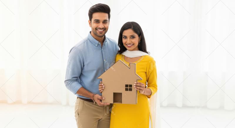 Young indian couple holding house model standing together on iso