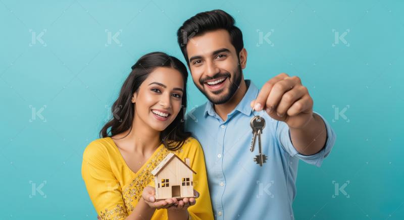 Young indian couple holding house model standing together on iso