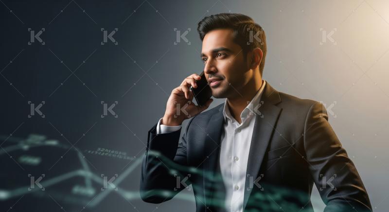 Young indian financial professional man talking on smartphone